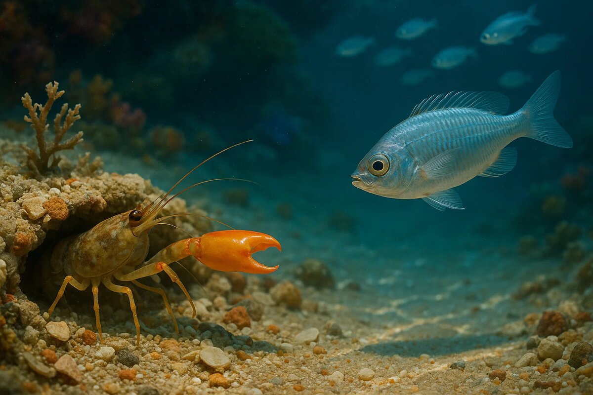 Тишина перед бурей. Креветка-пистолет неподвижно затаилась в устье своей норы, её массивная клешня нацелена на добычу. Прямо по курсу, в солнечных лучах, проплывает беззаботная серебристая рыбка, совершенно не подозревающая о засаде. Напряжение витает в кристально чистой воде кораллового рифа.