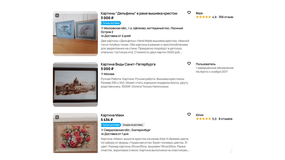 Примеры объявлений о продаже картин с Авито