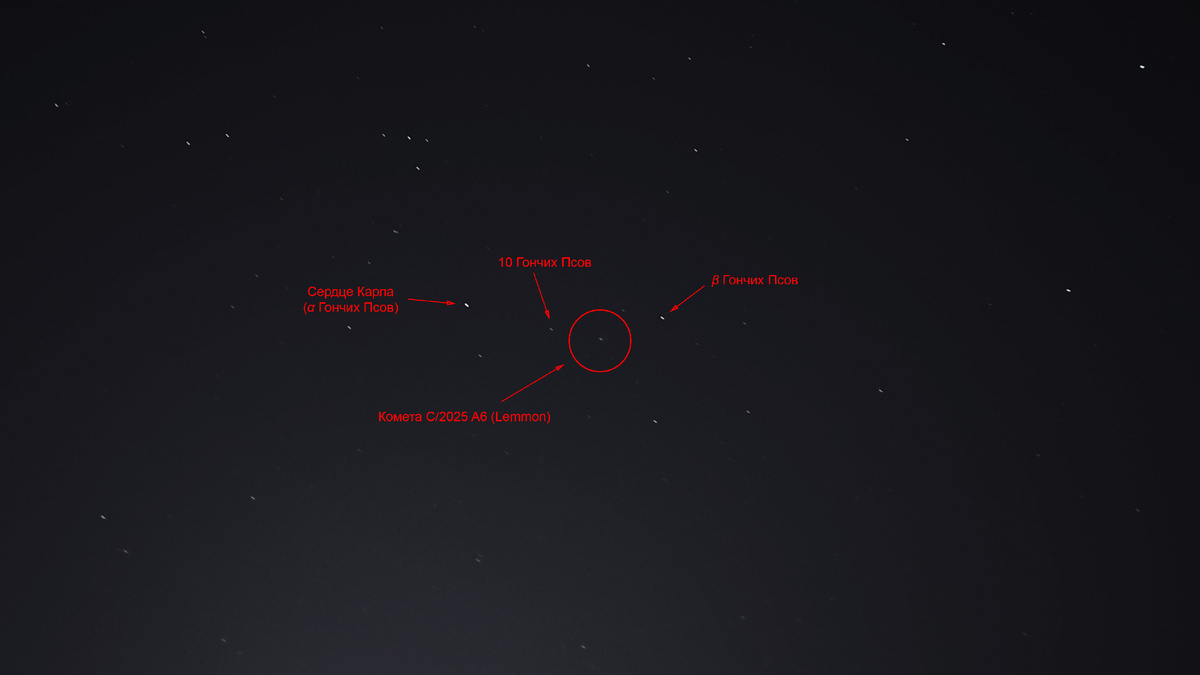 Комета C/2025 A6 (Lemmon) находится в самом центре красного кружка.