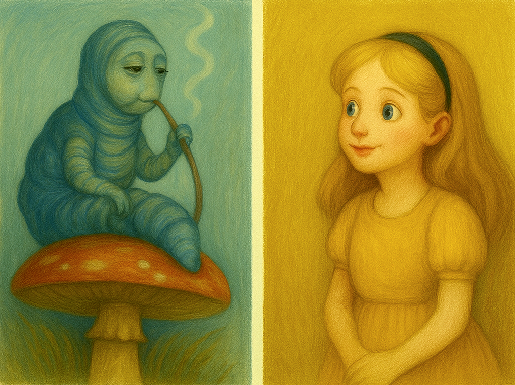 Темпераменты из "Алисы в Стране чудес": Гусеница - флегматик, Алиса - сангвиник