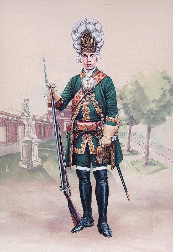 Обер-офицер Лейб-гвардии Измайловского полка. 1740-е годы. Художник Андрей Каращук для Музея военной формы. 
