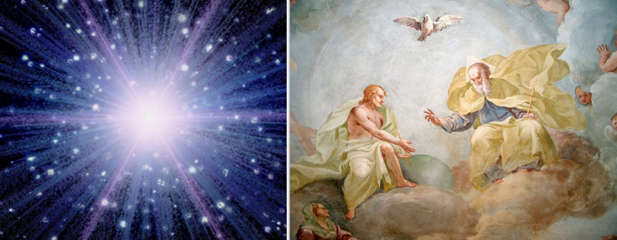 Слева: Большой взрыв Вселенной. Справа: Фреска Луки да Орта, Святая Троица: Господь-Отец, Сын-Монада, Святой Дух, который отправляется в материю. 