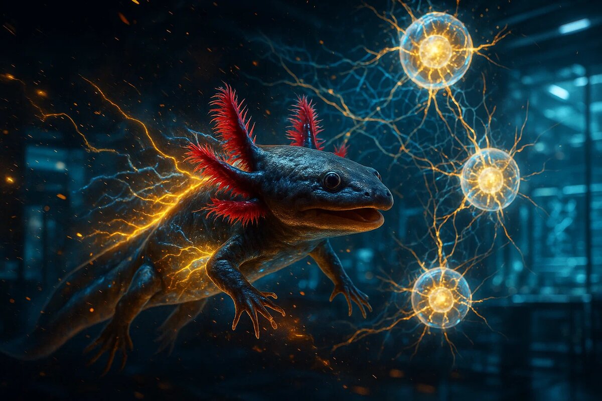 Золотисто-голубые импульсы энергии расходятся от спины аксолотля, запуская волшебство регенерации. Вокруг него парят светящиеся стволовые клетки, которые тут же сплетаются в сложные нейронные сети, восстанавливая разорванные связи и даруя надежду на исцеление.