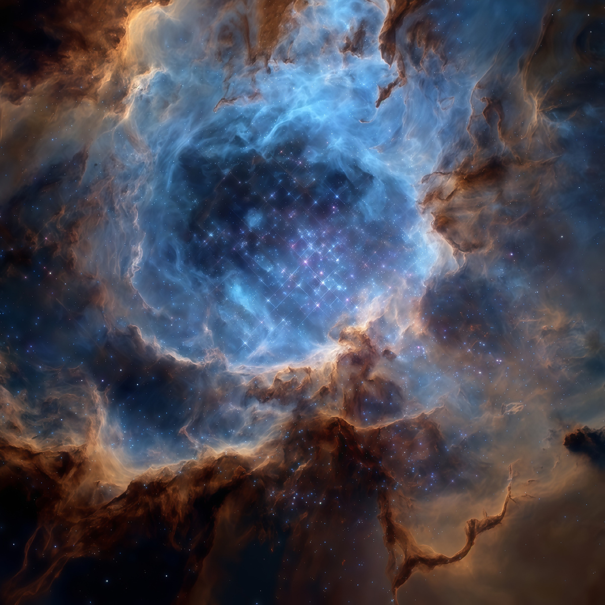 Это общий план «рабочего места» нашей звезды-рекордсменки. Туманность Тарантул — это гигантские звездные ясли, где постоянно рождаются новые светила. Вы видите не просто красивое облако, а бурлящий космический котел. 