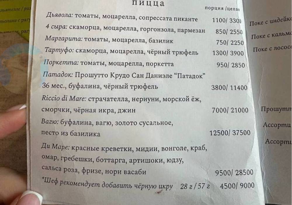 Меню из того самого ресторана с "золотой" пиццей. Источник фото: тг-канал "Топор новости"