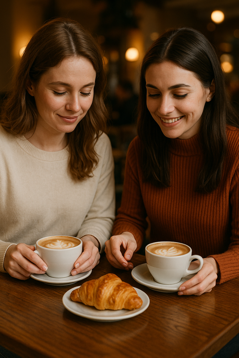 хочется сладкого вечером — две девушки в кафе, кофе и круассан, тёплый свет