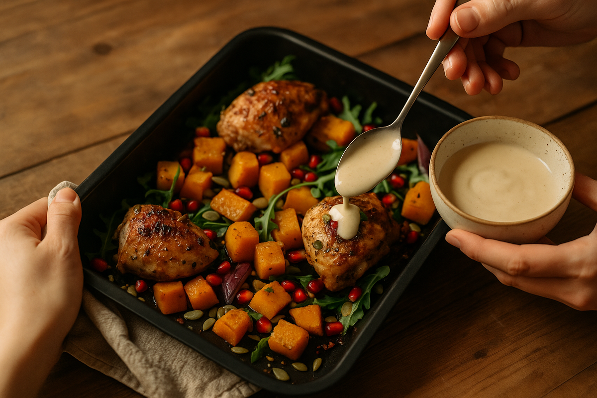 Противень с запечённой курицей и тыквой, рядом миска с йогурт-тахини, тёплый све