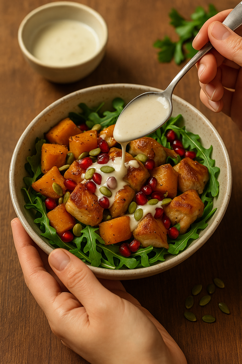 Миска: запечённая курица с тыквой, зелень, соус йогурт-тахини сверху, гранат и семечки