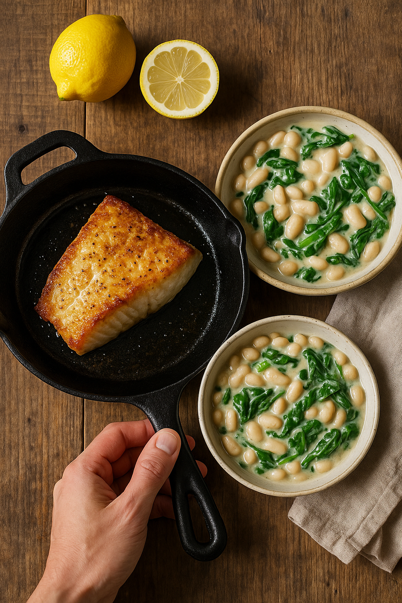 рецепт ужина — треска на сковороде и кремовая фасоль со шпинатом, лимон