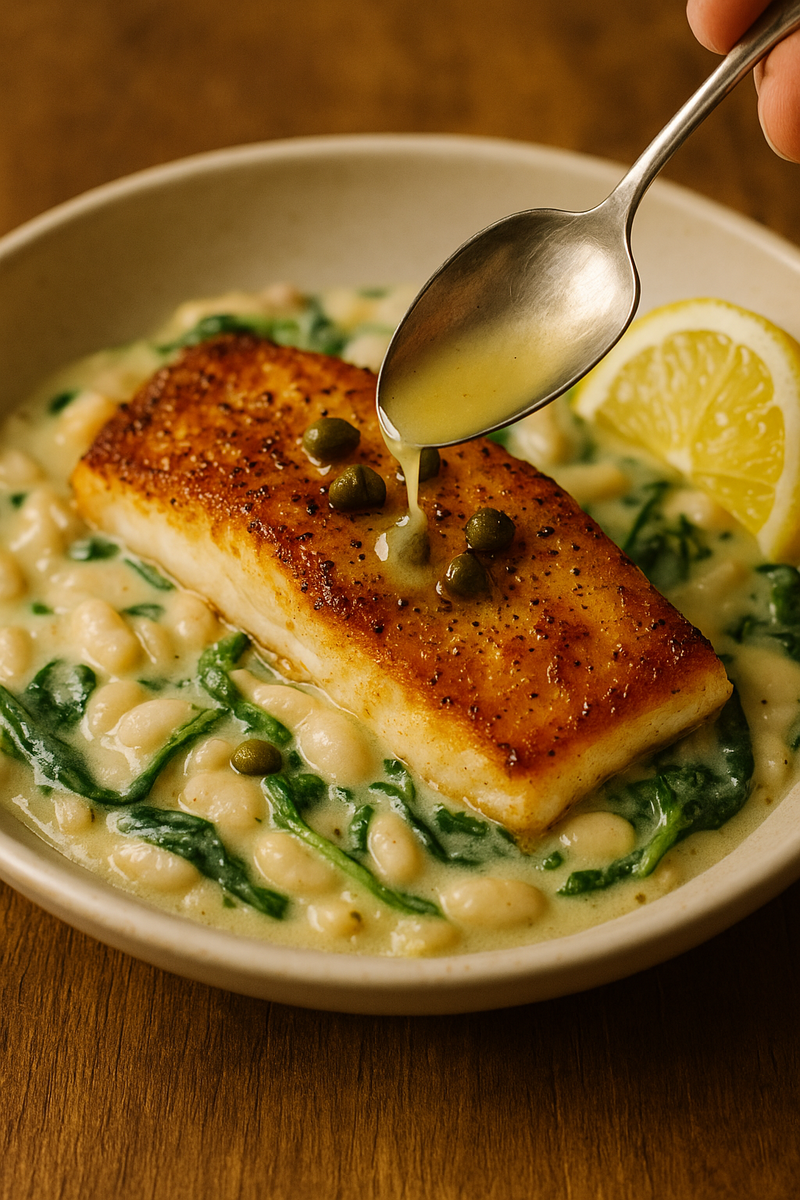 быстрый полезный ужин — треска с хрустящей корочкой на кремовой фасоли, крупный план