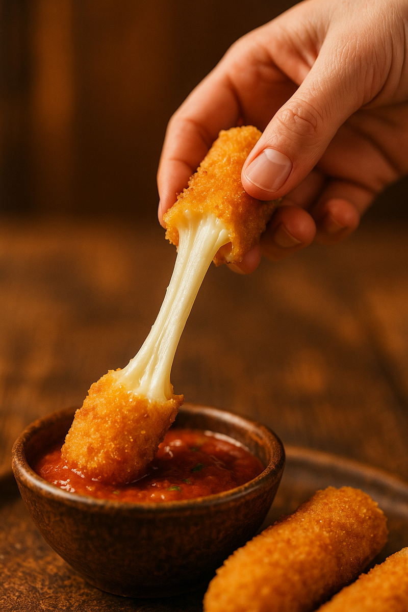 Золотистая корочка снаружи, мягкий тянущийся сыр внутри, томатный соус 