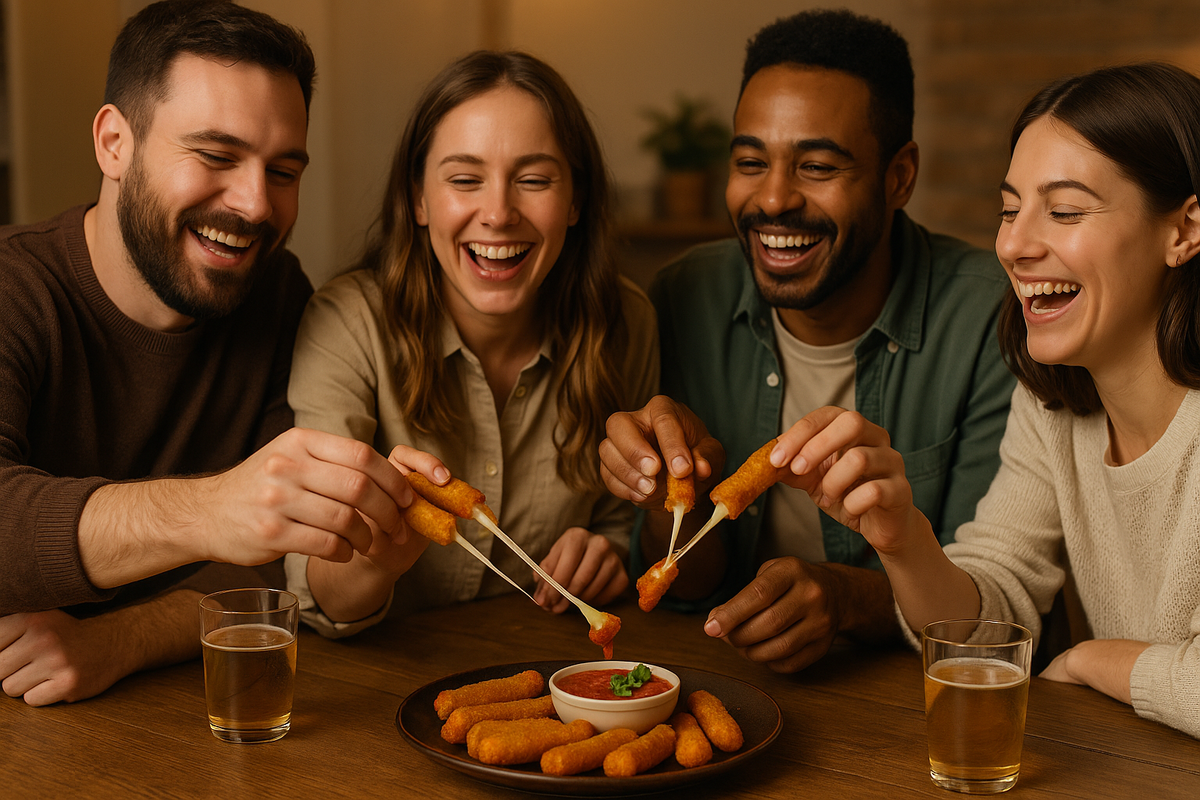 Друзья смеются и едят горячие сырные палочки, макая в соус маринара»