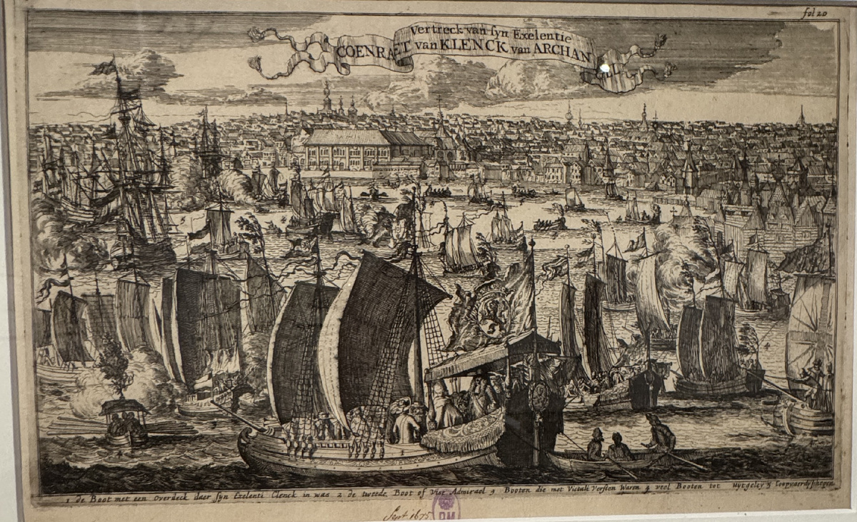 РОМЕЙН ДЕ ХОГЕ. 1645-1708.Голландия.ОТПЛЫТИЕ ПОСОЛЬСТВА КОНРАДА ВАН КЛЕНКА ИЗ АРХАНГЕЛЬСКА В 1675 ГОДУ.Иллюстрация к книге Балтазара де Койетта «Voyagie van den Heere Koenraad van Klenk, extraordinaris ambassadeur van haer Ho: Mo: aen Zyne Zaarsche Majesteyt van Moscovien» («Посольство Конрада ван Кленка к царям Алексею Михайловичу и Феодору Алексеевичу») (Amsterdam, 1677).Бумага, офорт.ГМИИ им. А.С. Пушкина, Москва