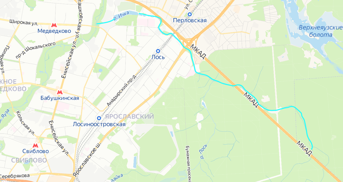 Схематичное изображение Ички на современной карте Москвы. Яндекс.Карты.