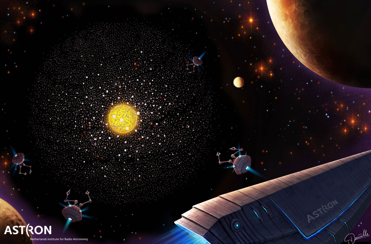 На этой иллюстрации показано, как может выглядеть деятельность цивилизации III типа по Кардашеву. Источник: Даниэль Футселаар / ASTRON.