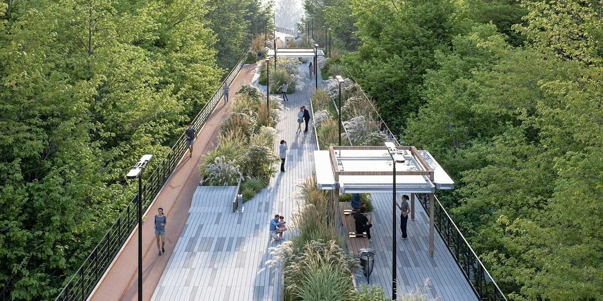 📷 1.1: Проектное решение: на высоте 6 метров появится пешеходная зона с озеленением, беговой дорожкой и павильонами