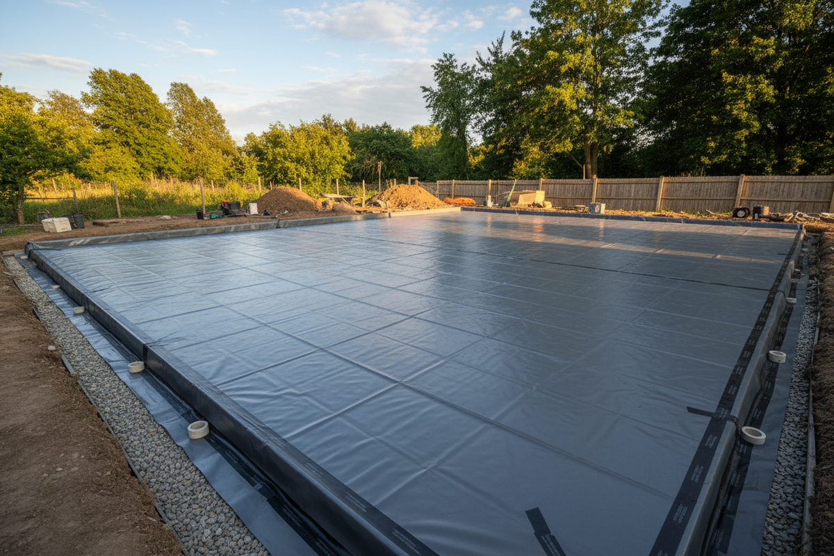 Общий вид подготовленного основания под террасу - ровная поверхность, уложенная гидроизоляционная пленка