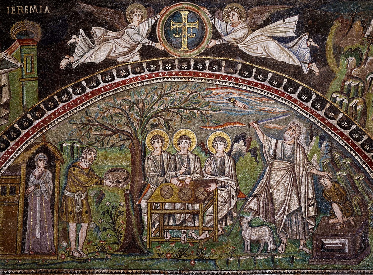    Мозаика северной стены пресвитерия в базилике Сан-Витале (список всемирного наследия ЮНЕСКО). Ангелы с апокалиптическим крестом, Святая Троица