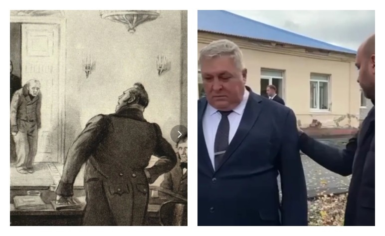 мой коллаж из иллюстрации к "Шинели" Гоголя и скриншота видео от пресс-службы губернатора Самарской области