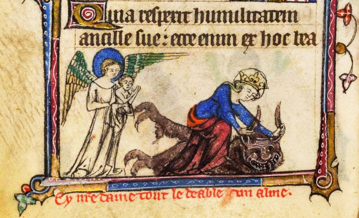 На этой средневековой миниатюре изображена Богородица. Она отдала Богомладенца Христа Архангелу со словами "На, подержи" - и лупасит дьявола. Уже заломала! Архангел не вмешивается, кто он, чтобы мешать Пречистой Деве сражаться за Жизнь!