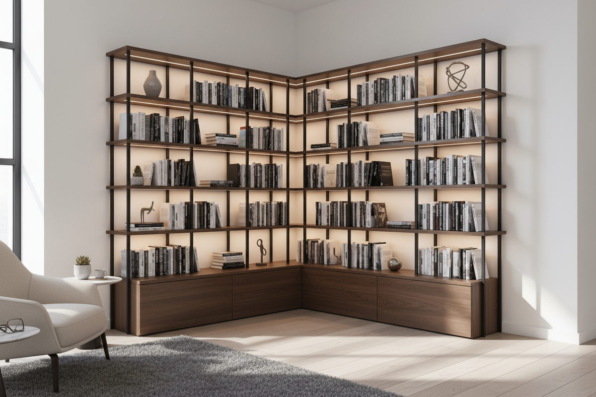 Угловой книжный шкаф, примыкающий к стене