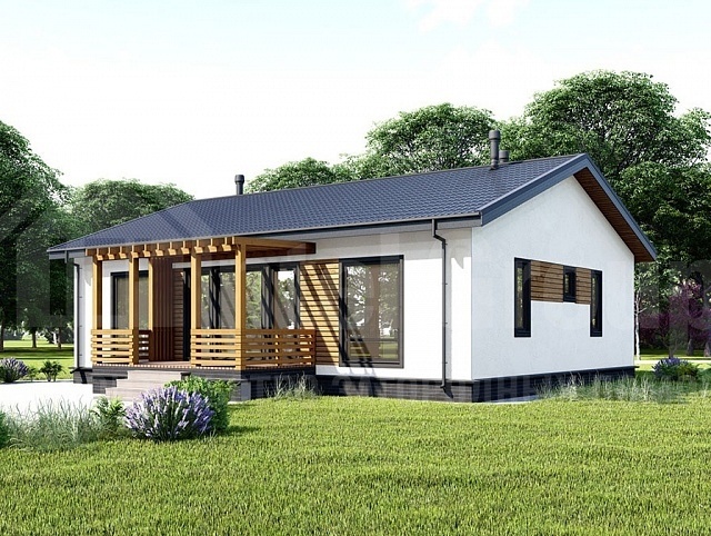 Проект «Интел Групп». Газобетонный дом площадью 142 м² с фасадом из минеральной штукатурки и деревянными декоративными элементами.