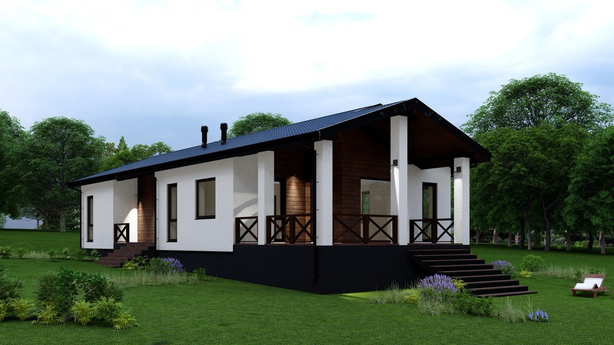 Проект «Интел Групп». Газобетонный дом площадью 142 м² с фасадом из минеральной штукатурки и деревянными декоративными элементами.