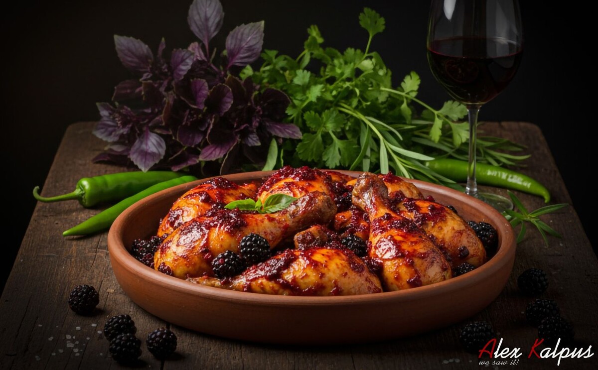 Курица с ежевикой, или, как говорят у нас, "катами маквилс цвенши" (ქათამი მაყვლის სოუსში или ქათამი მაყვლის წვენში или ქათამი მაყვლით). Его аромат - это не просто смесь птицы и ягод; это настоящая симфония, где кислинка дикой ежевики вступает в сложный, ни на что не похожий танец с пряностями и нежным мясом.