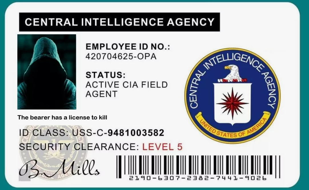 Надпись под фото: "Предъявитель имеет лицензию на убийство"