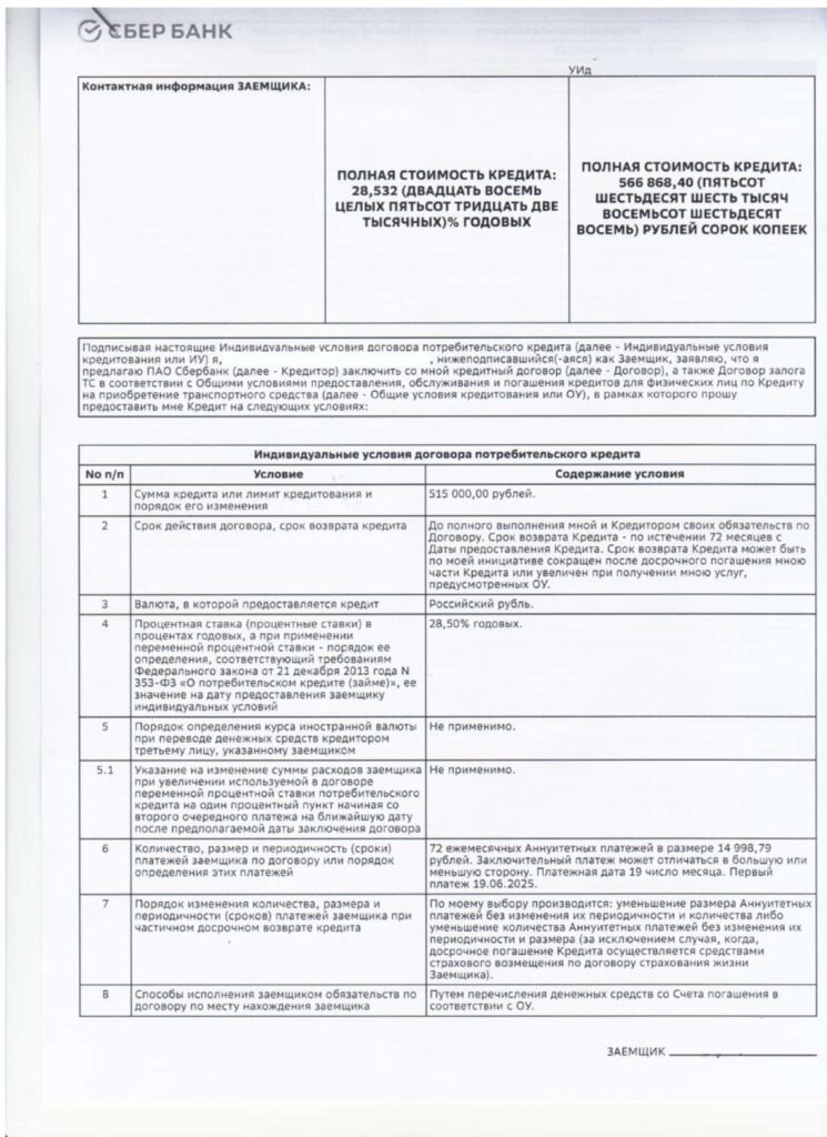 Кредитный договор в ПАО "Сбербанк"