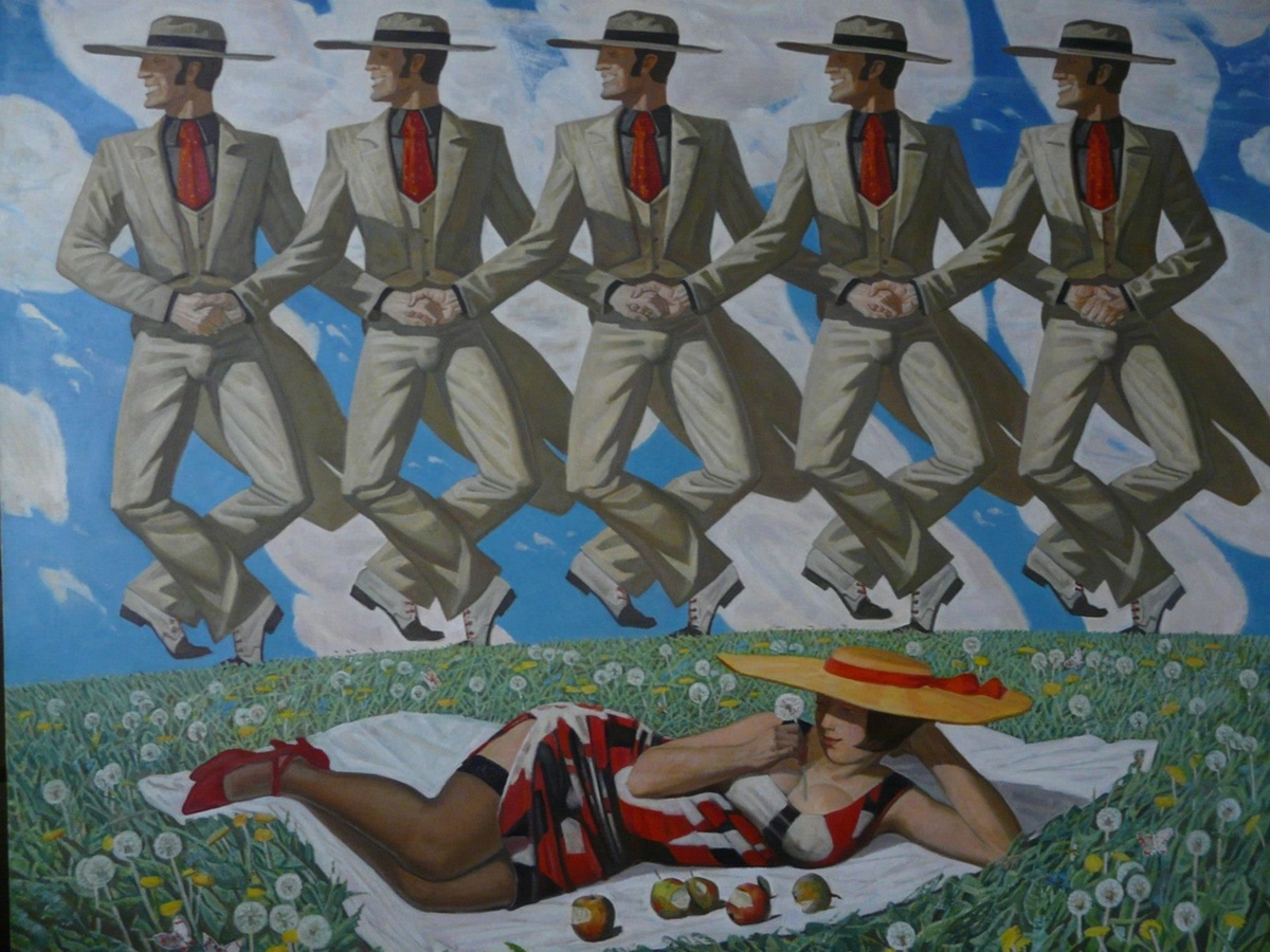 © Локтионов Д. Радость жизни. 2009. Холст, масло. 140×160 см. Источник: https://bigpicture.ru/degenerativnyj-realizm-piterskogo-hudozhnika-dmitrija-loktionova/ (дата обращения: 06.08.2025).