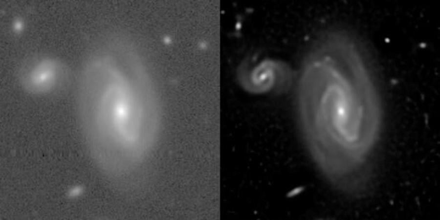 Сравнение изображения, полученного с помощью Hyper Suprime-Cam, сверхширокоугольной камеры, установленной на телескопе Subaru (слева), с изображением, полученным с помощью нового алгоритма ImageMM (справа). Изображение слева по качеству сопоставимо с изображениями, обычно используемыми на практике    
 Источник: Johns Hopkins University  📷
