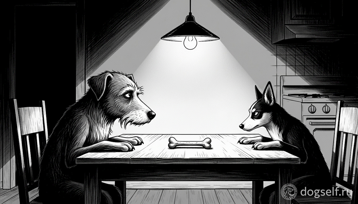 «Холодная война» за ресурс: две собаки сидят друг напротив друга за столом. Между ними – кость, символ того, за что идёт напряжённая, молчаливая борьба | Изображение: DogSelf
