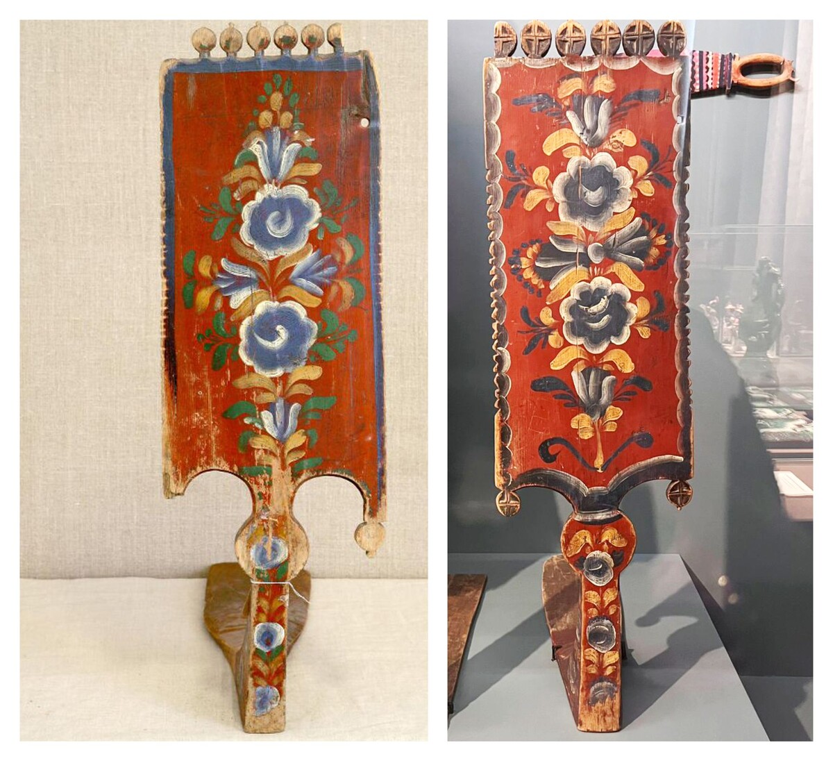 Прялка - копылка конец ХIХ в с Костромской росписью (музей-заповедник "Малые Карелы", Архангельск), прялка - копылка с росписью (Всероссийский Музей Декоративного искусства, Москва).