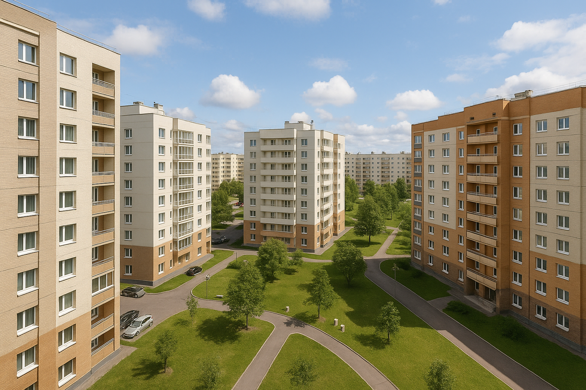 Панорамный вид на жилой квартал с различными типами остеклённых балконов: холодное алюминиевое, безрамное и тёплое ПВХ. 