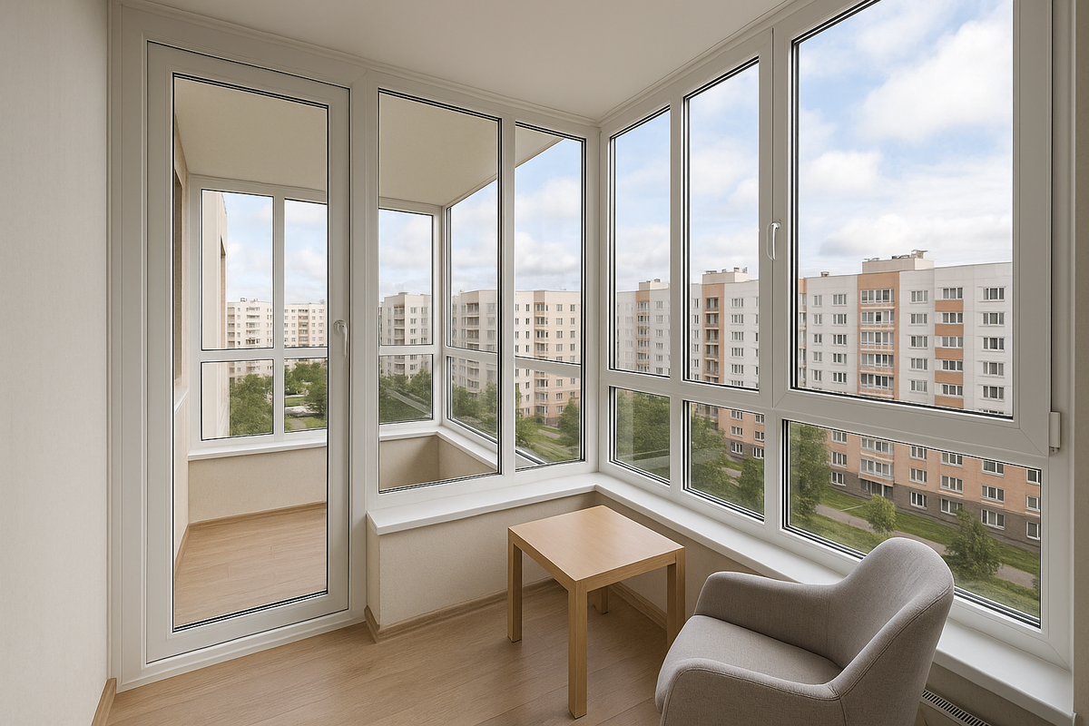Современный застеклённый балкон с панорамными окнами и аккуратной внутренней отделкой. Светлые ПВХ-профили, энергосберегающие стеклопакеты и уютное оформление создают комфортное пространство для отдыха.