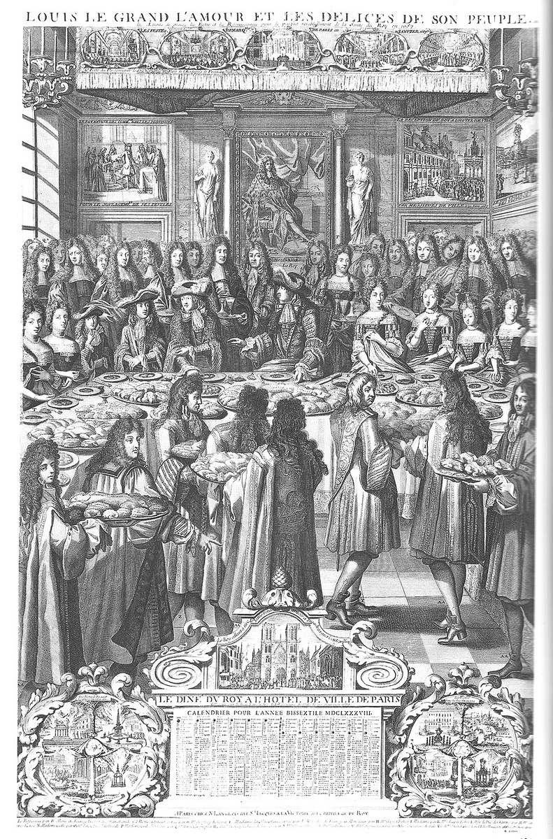 Н. Ланглуа. Обед короля Людовика XIV. Людовик Великий, любовь и восторги его народа... Благодарения, празднества и радости по случаю полного выздоровления короля в 1687 году. Королевский альманах 1688 года. Музей Карнавале, Париж