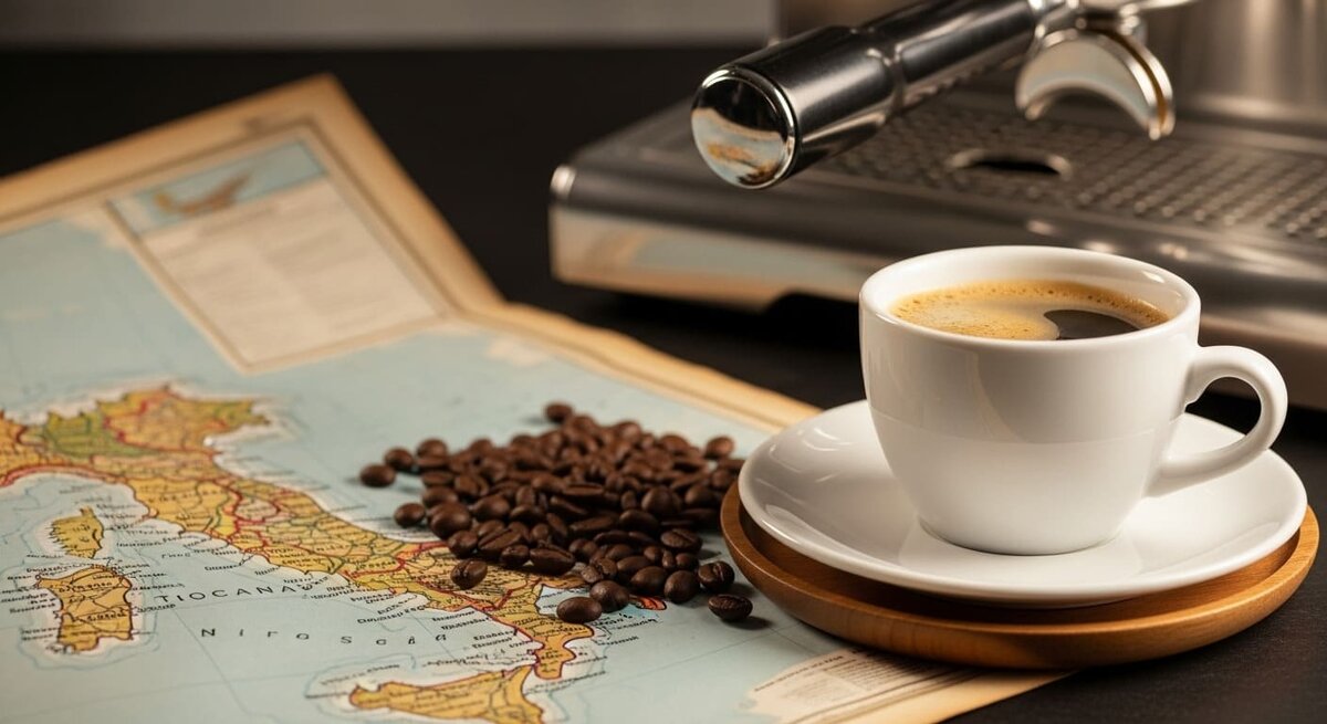 Чашка кофе американо на столе с кофейными зернами и картой.