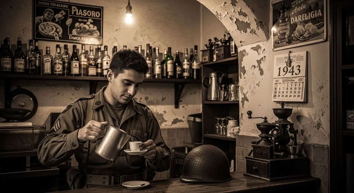 Американский солдат в Италии времен Второй мировой войны разбавляет эспрессо водой.