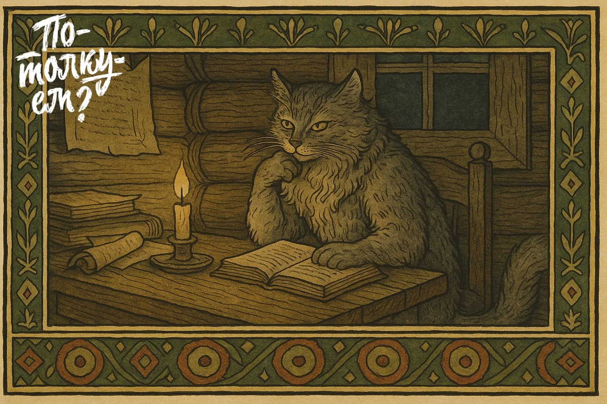 Кот Баюн сидит перед открытой книгой дома в тишине