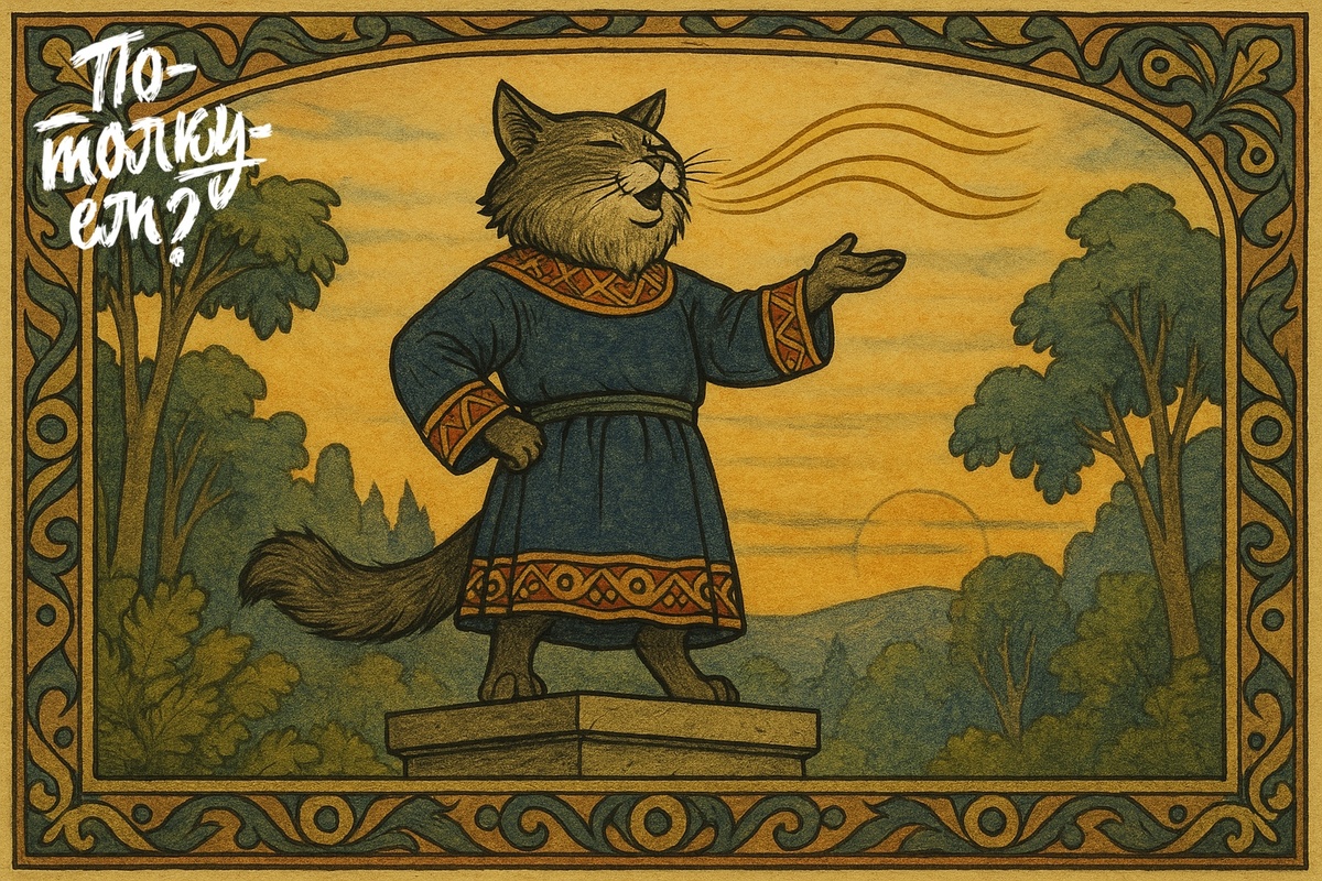 Кот Баюн стоит на пьедестале и произносит вдохновлённую речь