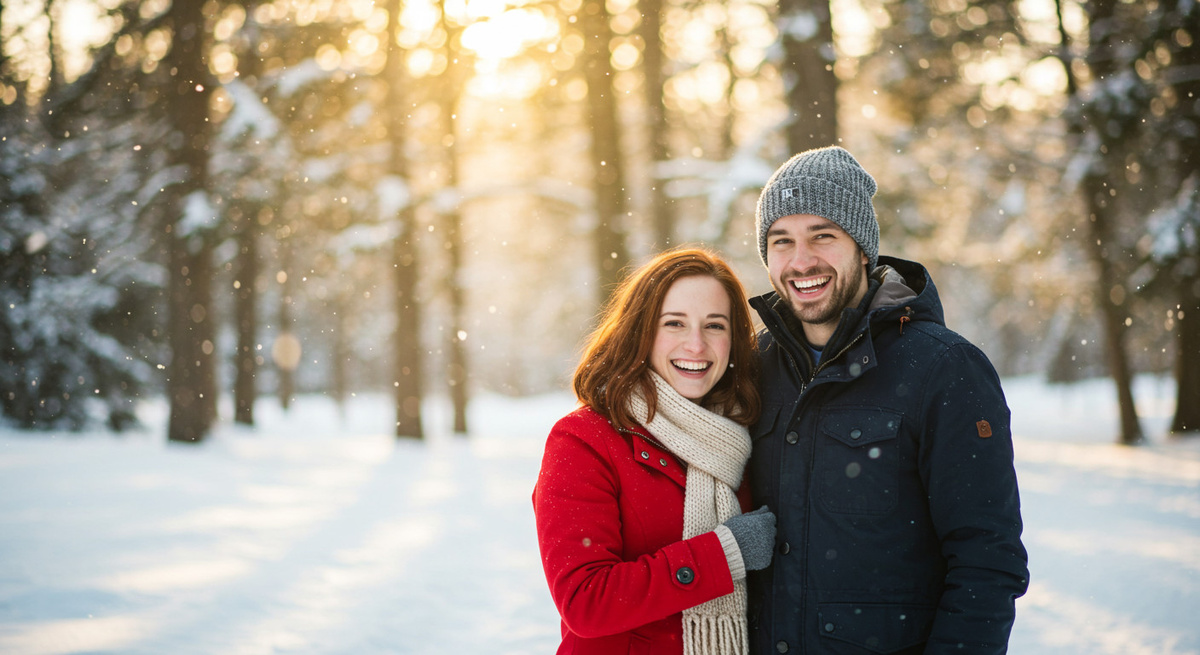Мужчина (Близнецы) и девушка (Рыбы) - счастливы вместе на прогулке в зимнем лесу