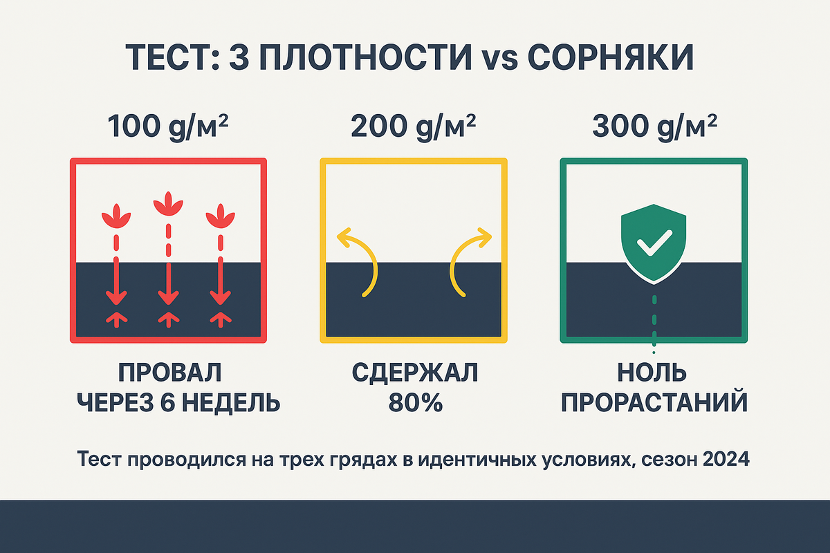 Купил три рулона геотекстиля - 100, 200 и 300 г/м². Застелил три грядки. Через сезон одна грядка заросла, вторая держалась, третья - чистая. 