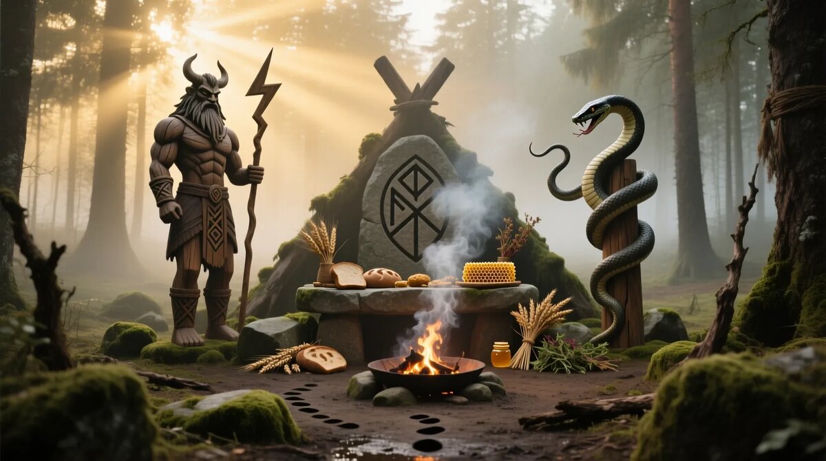 Художественная реконструкция священного места славянских волхвов. Символы, жертвы и образы соответствуют историческим описаниям.