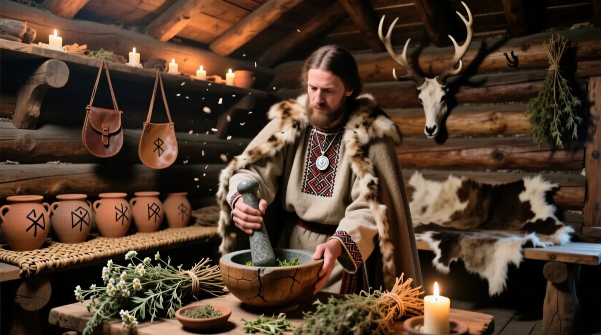 Художественная реконструкция славянского волхва-целителя. Работа с травами и ритуалы были частью его повседневной практики.