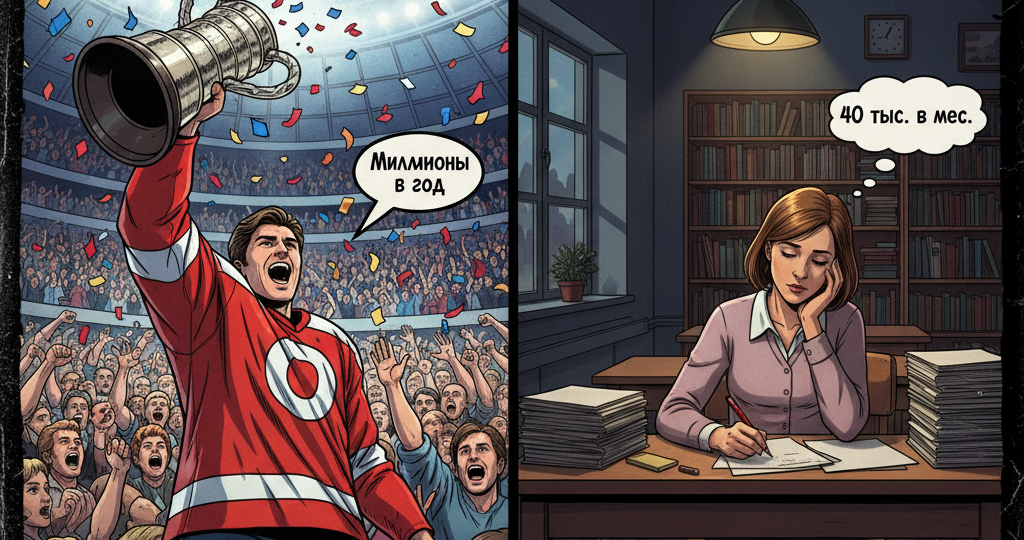 Почему хоккеист получает 50  млн. в год, а учитель- 40 тыс. в мес.?(как мы сами поддерживаем эту несправедливость)