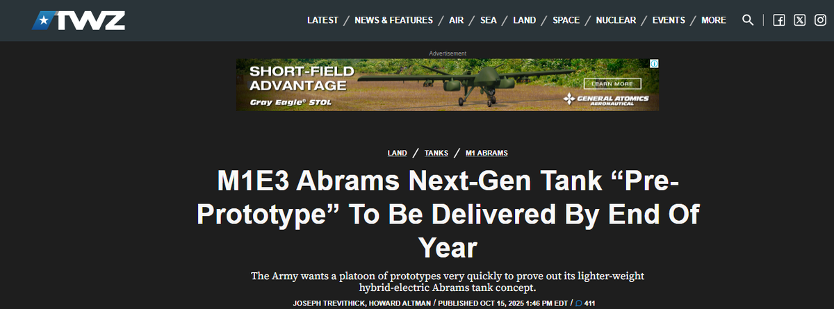 «Предварительный прототип» танка нового поколения M1E3 Abrams будет представлен к концу годаАрмия хочет как можно скорее получить взвод прототипов, чтобы продемонстрировать концепцию облегченного гибридно-электрического танка Abrams