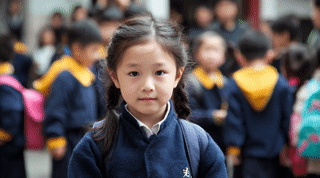 Маленькая девочка в школьной форме с рюкзаком стоит перед входом в школу, за ней — другие ученики в похожей форме. Символ детства, начала пути и выбора школы. Иллюстрация к теме «как выбрать школу китайского языка» и «обучение китайскому онлайн».