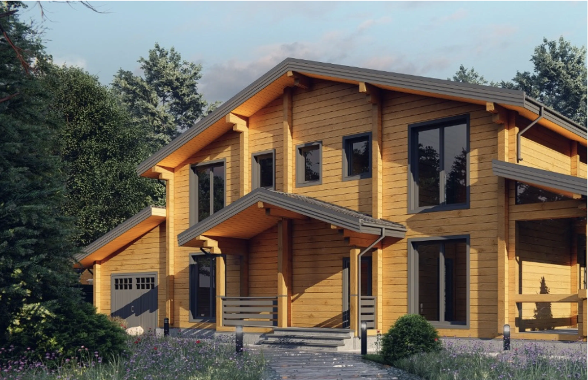 Дом по проекту "Кингисепп" из клееного бруса 298 м2 на 5 спален, с сауной и гаражом от Wood Development