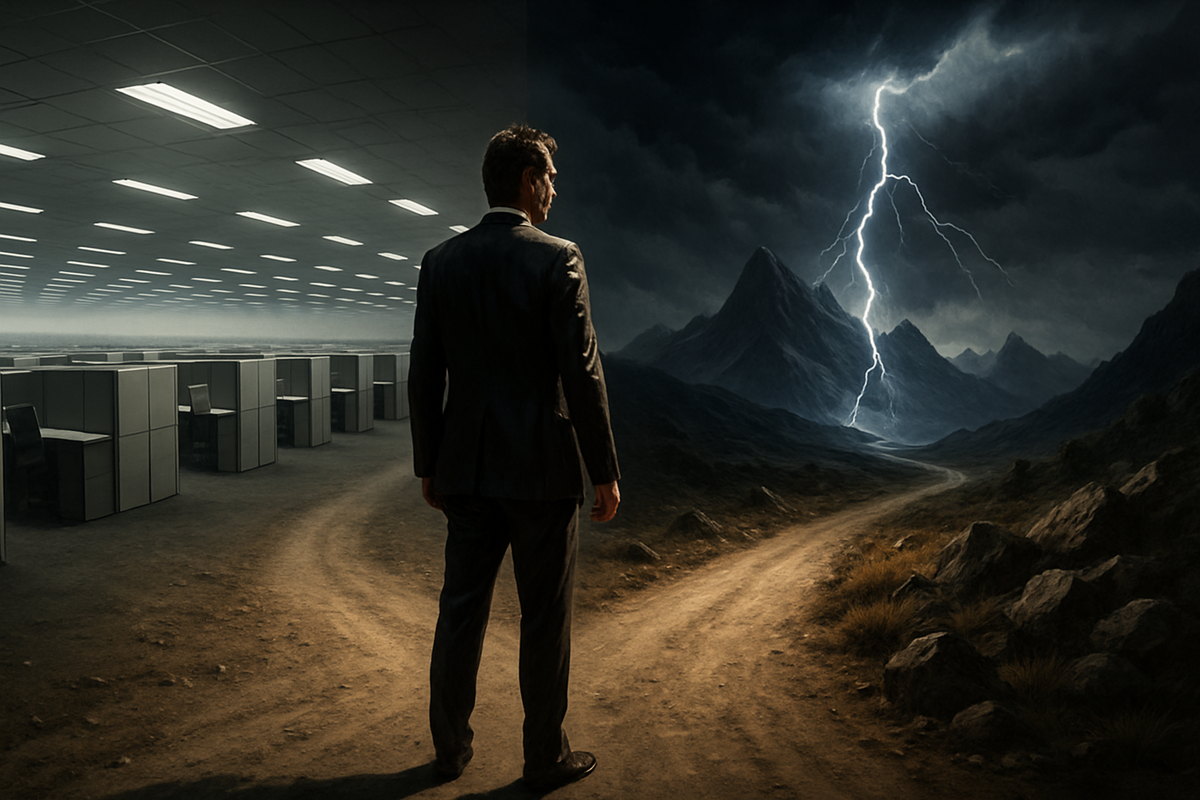 Выбор. Слева — предсказуемое выживание в серой матрице. Справа — жизнь, шторм и возможность стать создателем. Куда сделаешь шаг?